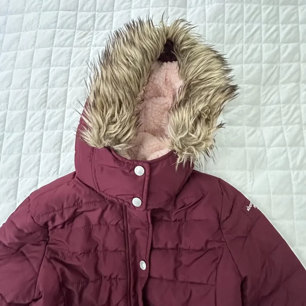 Abercrombie Kids Puffer Coat 13/14 Burgundy Hooded Faux Fur Trim Sherpa Parka